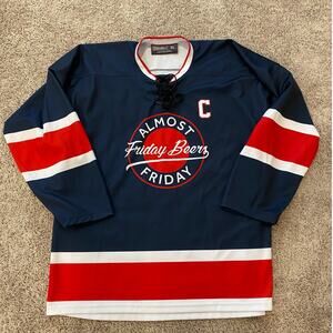 Friday Beers Almost Friday LS Hockey Jersey Printed Top Blue Striped Men's XL